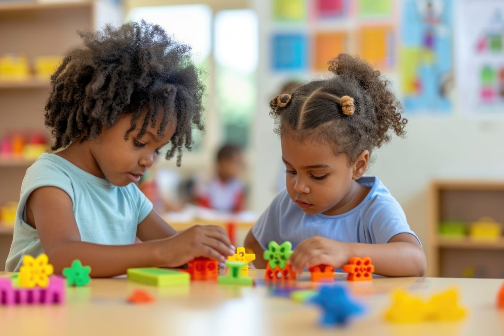 Realistic scene with young children with autism playing