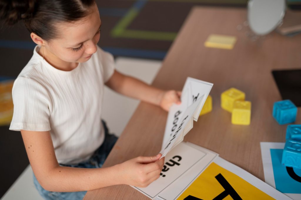 child working with flashcards