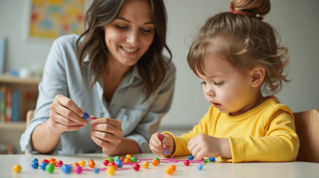 A child threading colorful beads onto a string