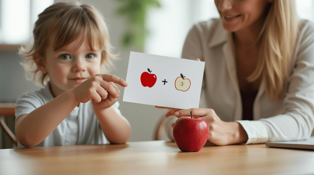 Child working with apple flash card