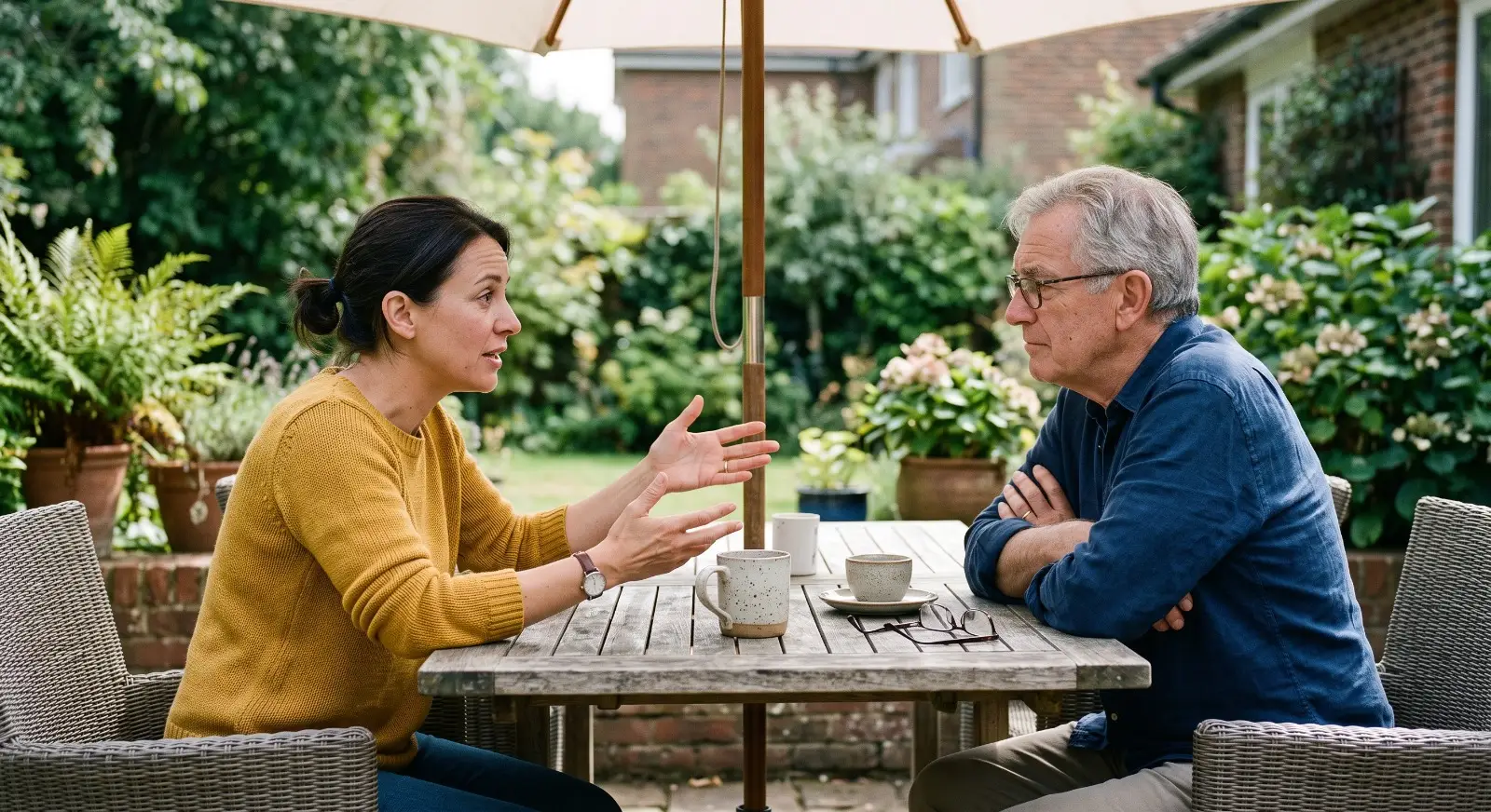 A parent leans forward gesturing mid-explanation across a patio table from a grandparent, who listens with arms crossed but leaning in, both seated with coffee mugs under dappled umbrella light.