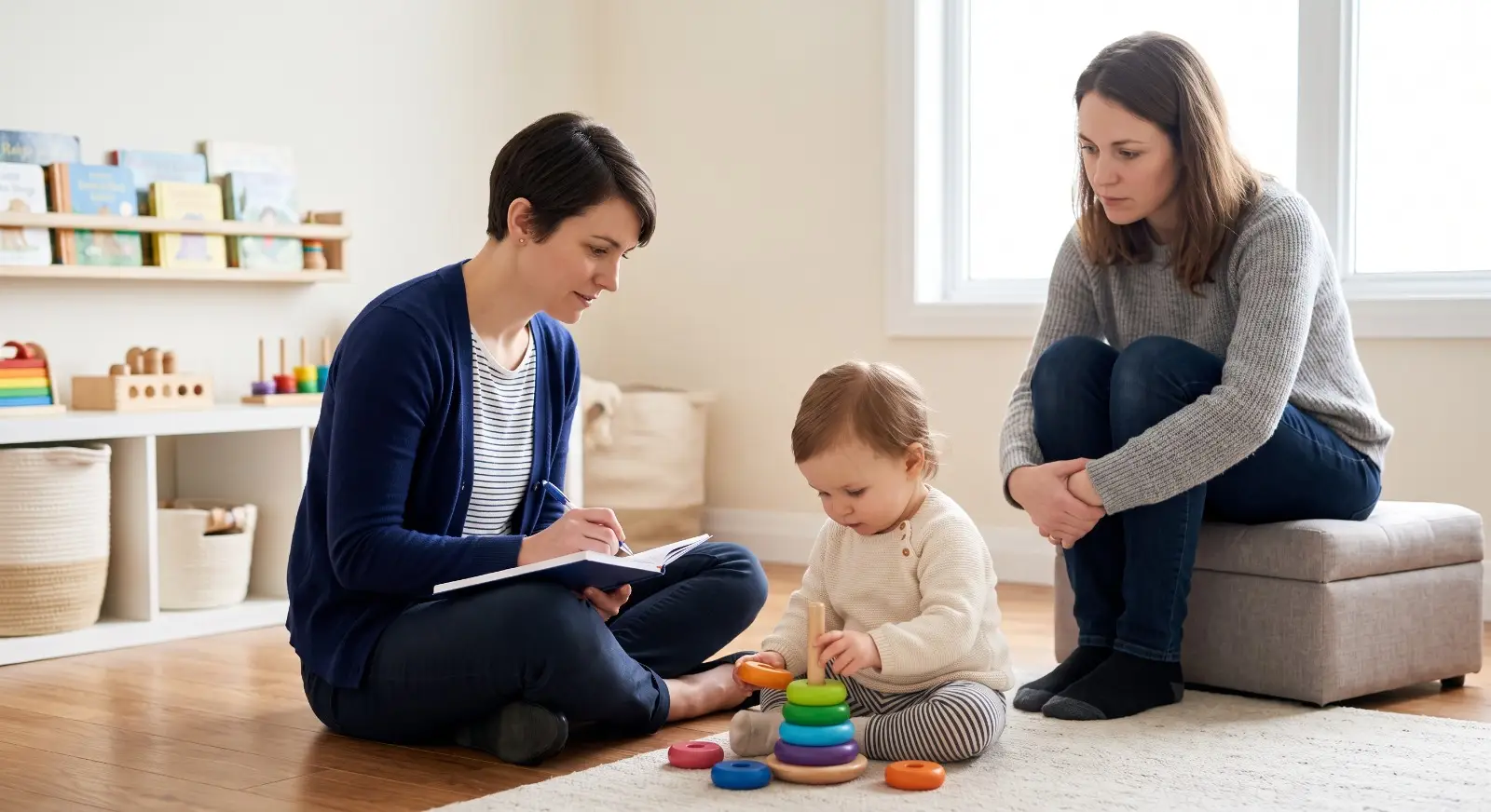 A parent sits on a low ottoman with a thoughtful expression, watching closely as an early intervention specialist observes a toddler stacking rings on a nursery floor without intervening, taking an occasional note.