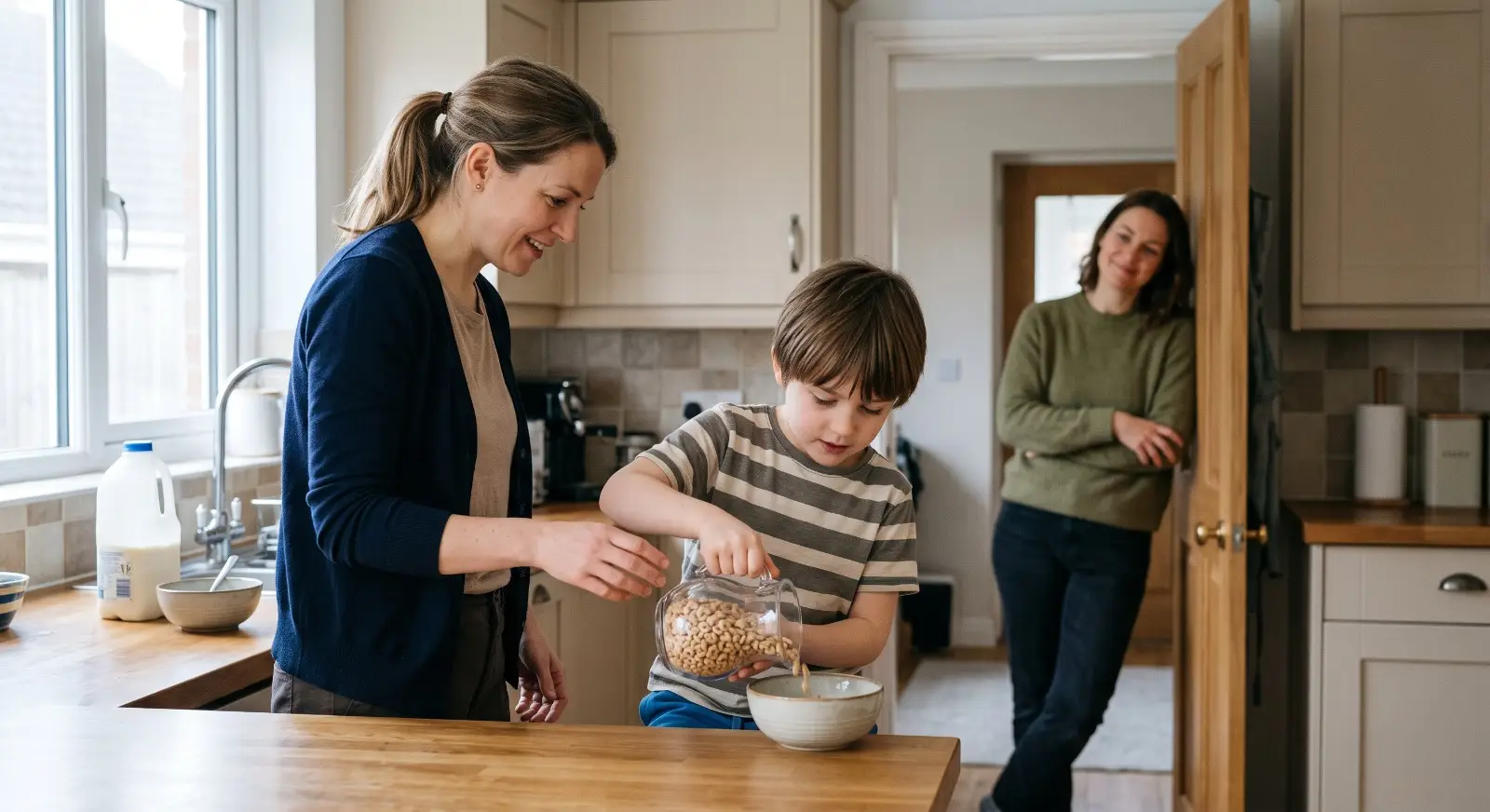 A therapist stands beside a child at a kitchen counter as the child carefully pours cereal into a bowl, while a parent leans in the doorway behind them, smiling with quiet approval.