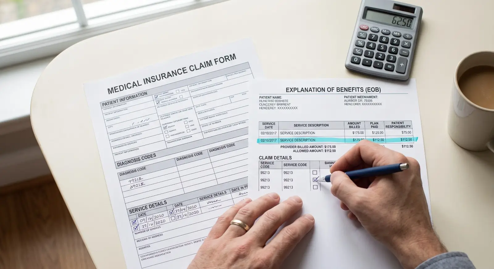 A hand holds a pen checking a box on an insurance claim form next to an explanation-of-benefits document, a small calculator, and a coffee mug, photographed in a clean, bright flat-lay style.