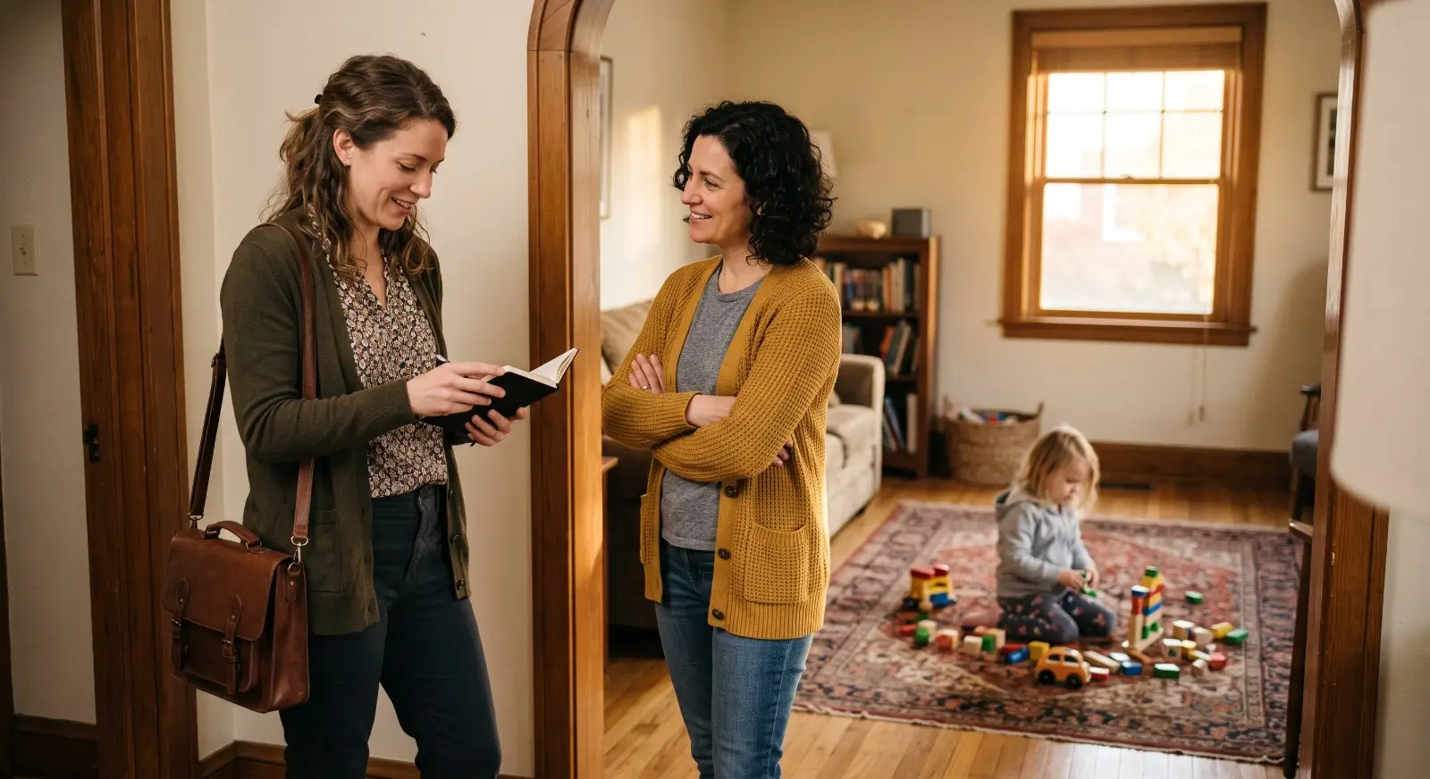 A therapist pauses near the living room doorway with her bag over her shoulder, glancing at a notebook while briefly talking with a parent, as a child continues playing contentedly with toys on the rug behind them.