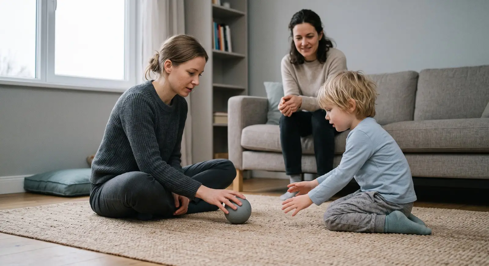 A therapist sits cross-legged on a living room floor rolling a ball back and forth with a child who is still a little tentative but engaged, while a parent watches from the couch behind them with a relaxed, hopeful expression.