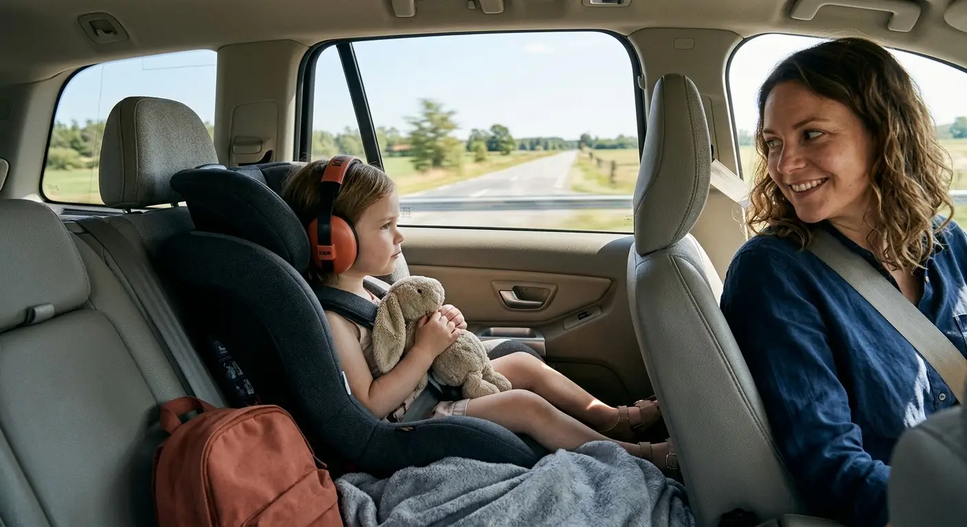 A young child sits calmly buckled in a car seat wearing noise-canceling headphones and holding a comfort toy, gazing out the window at a blurred road, while a parent glances back with a reassuring smile from the front seat.
