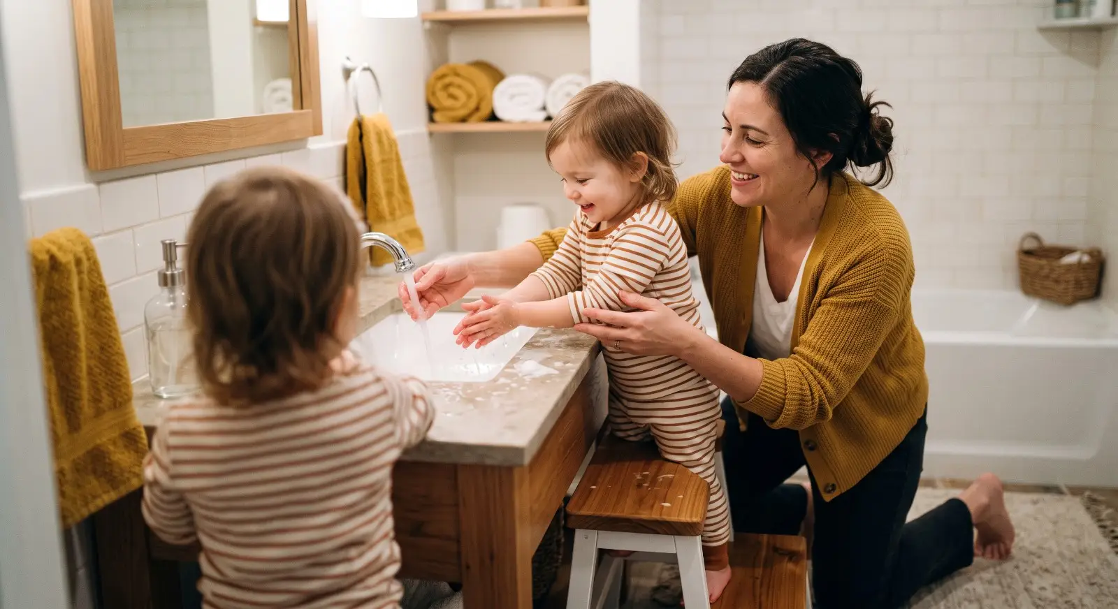 A parent kneels behind a toddler standing on a step stool at the bathroom sink, gently guiding the child's hands under running water, both smiling in a warm moment of praise after a successful potty training attempt.