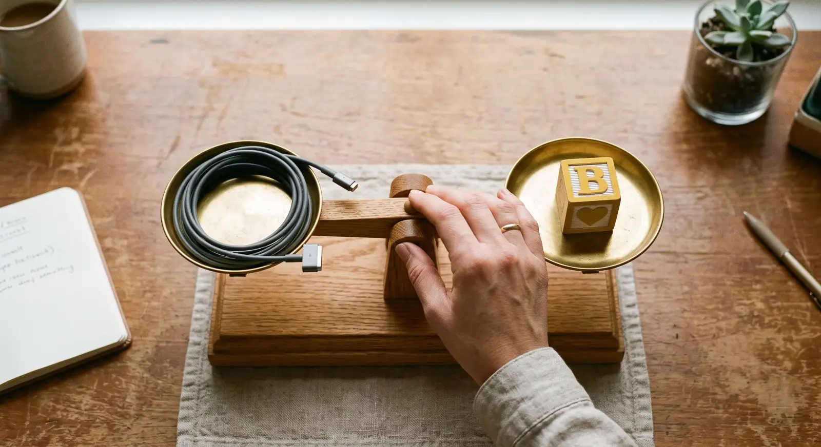 A parent's hand gently adjusts a small wooden balance scale on a desk, with a coiled laptop charger on one side and a wooden toy block on the other, evenly balanced.