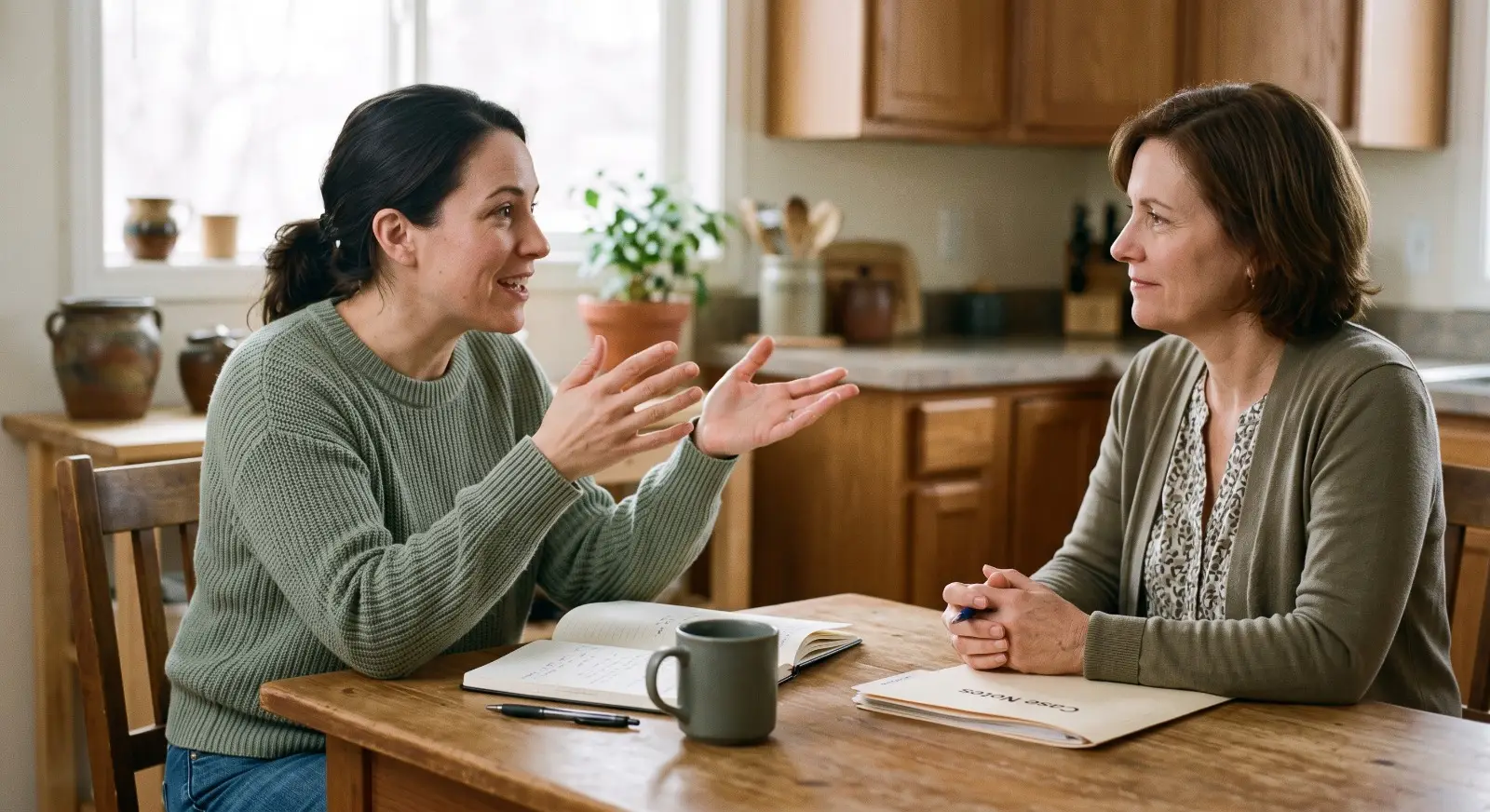 A parent leans forward at a kitchen table, gesturing confidently while discussing an open notebook and folder of papers with a therapist seated across from them, who listens attentively and nods.