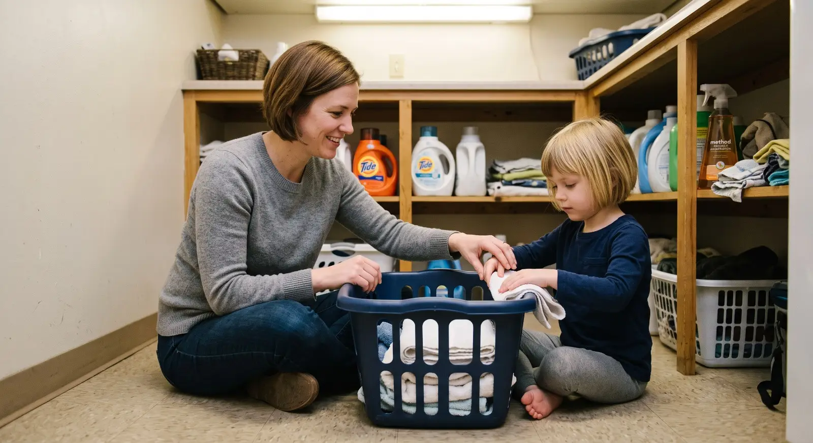 A therapist sits on the floor beside a child in a small laundry room, both folding towels from a basket between them, the child concentrating on matching the corners while the therapist's hands guide lightly.