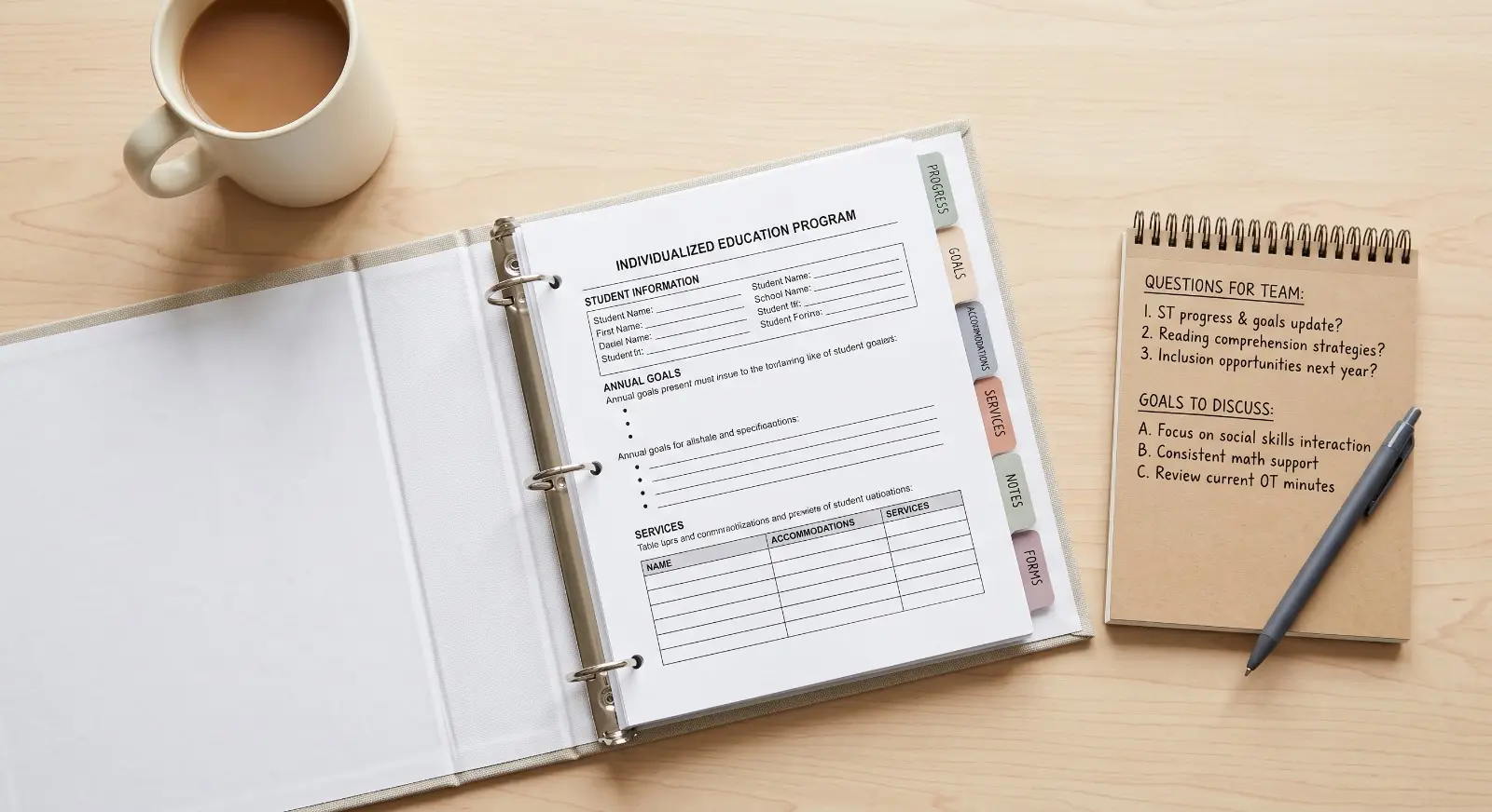 An open IEP binder with colorful sticky tabs marking sections sits beside a notepad listing handwritten questions and goals, a pen resting on top, in a clean flat-lay composition with a coffee mug at the edge.
