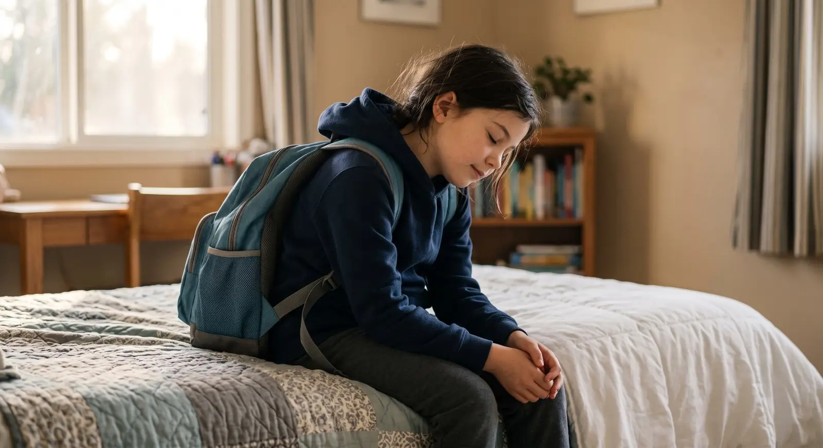 A school-age girl sits alone on the edge of her bed with her backpack still on, eyes closed and shoulders visibly relaxing in a quiet moment of relief after coming home from school.