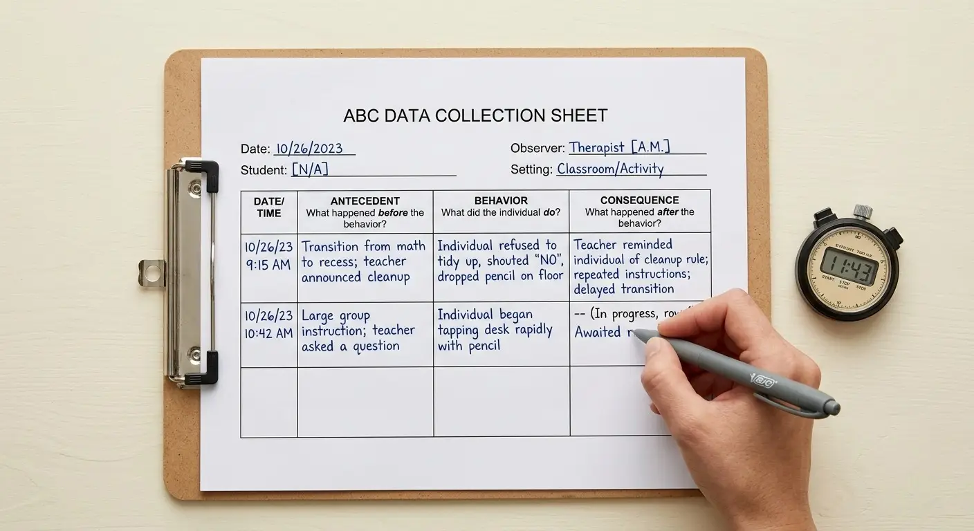 A printed ABC data collection sheet on a clipboard, with columns for Antecedent, Behavior, and Consequence partially filled in, a stopwatch resting beside it and a pen mid-note.