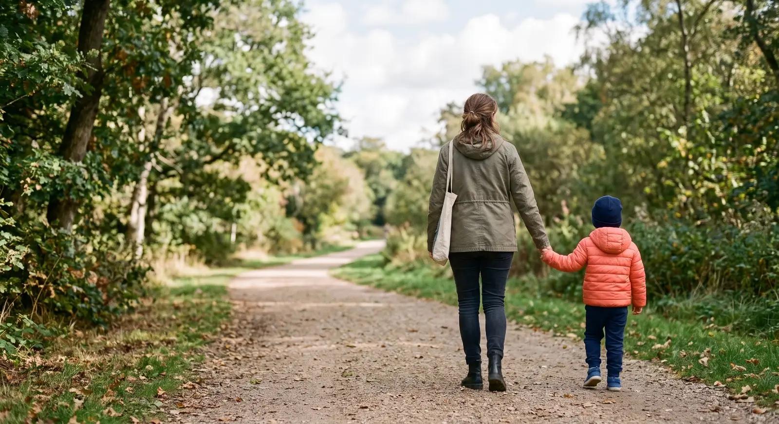 A parent and child walk hand in hand along a park path, both looking forward with the path stretching ahead into soft focus, under a bright, partly cloudy sky.