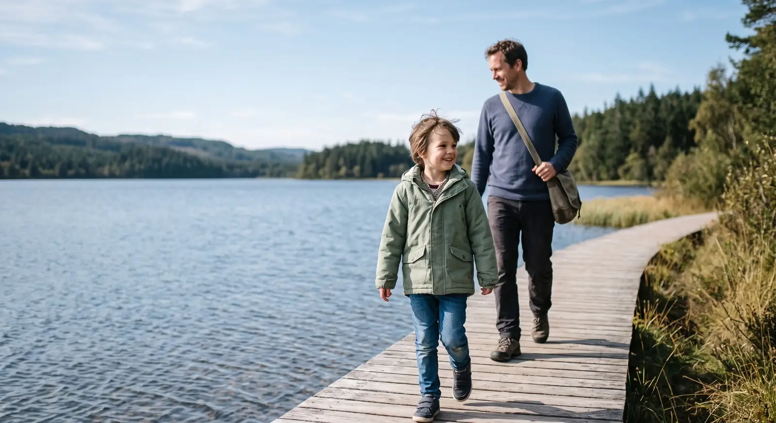 A parent and child walk together along a lakeside boardwalk path, the child slightly ahead and glancing back with a smile, the lake stretching softly out of focus beside them.