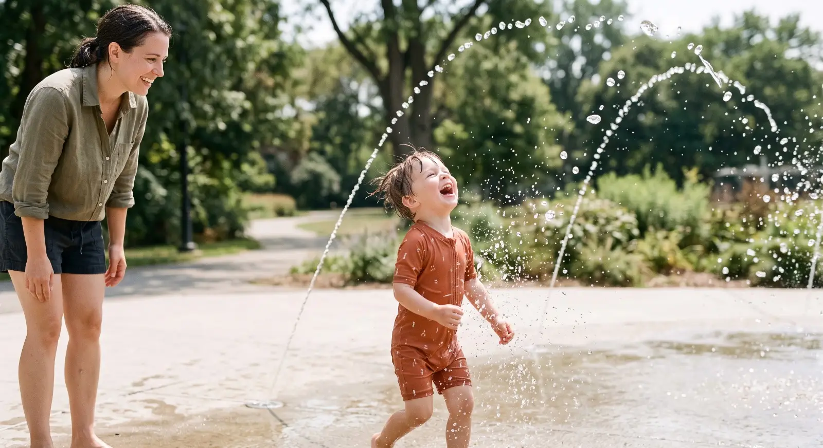 A young child laughs while playing at a quiet splash pad in a park, water arcing gently overhead, as a parent stands close by smiling, the space calm and uncrowded around them.