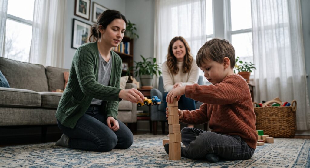 A young therapist in a green cardigan kneels on a living room rug holding toy trucks, guiding a young boy in a rust-colored sweater as he stacks wooden blocks into a tower, while his smiling mother watches from a chair in the sunlit, plant-filled room.