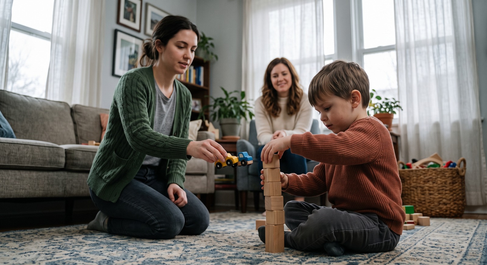 A young therapist in a green cardigan kneels on a living room rug holding toy trucks, guiding a young boy in a rust-colored sweater as he stacks wooden blocks into a tower, while his smiling mother watches from a chair in the sunlit, plant-filled room.
