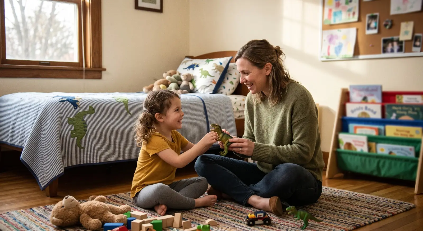 A therapist sits cross-legged on the floor of a child's bedroom, surrounded by the child's own toys and dinosaur-themed decor, engaging warmly with the child over a favorite toy in familiar, comfortable surroundings.