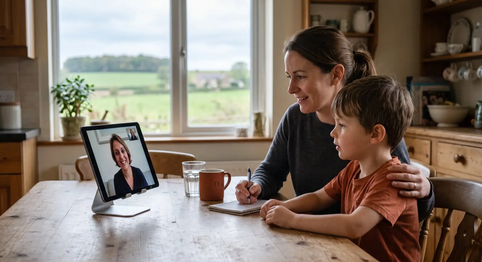 A parent and child sit together at a kitchen table looking at a tablet showing a smiling therapist on a video call, with a softly blurred rural landscape visible through the window behind them.