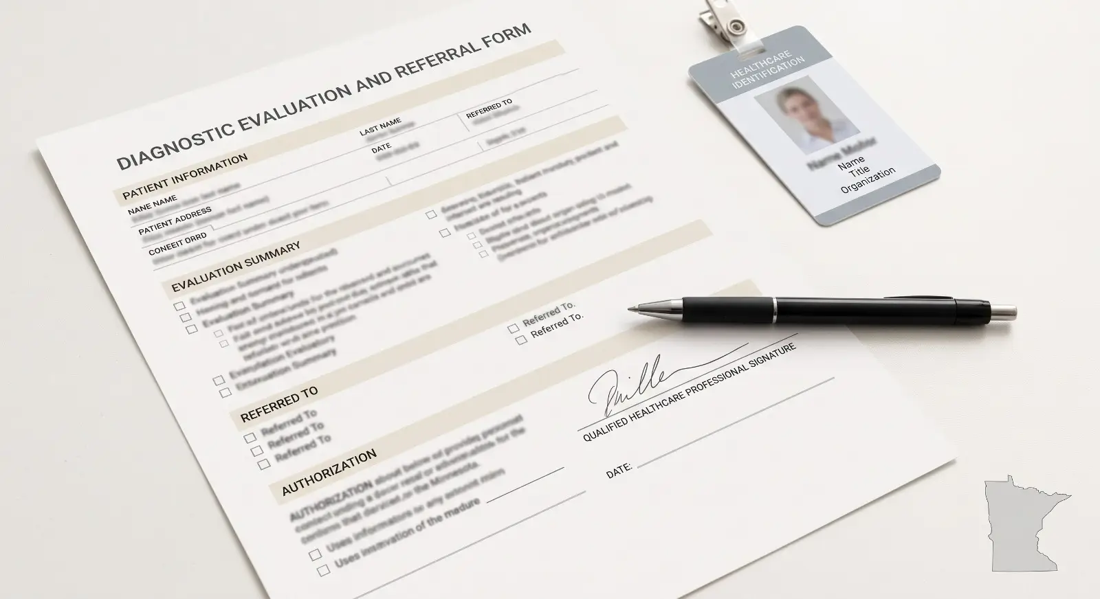 A pen rests on a freshly signed line labeled for a qualified healthcare professional on a printed diagnostic evaluation and referral form, with a small credential ID badge nearby and a corner of a Minnesota state outline visible in the frame.