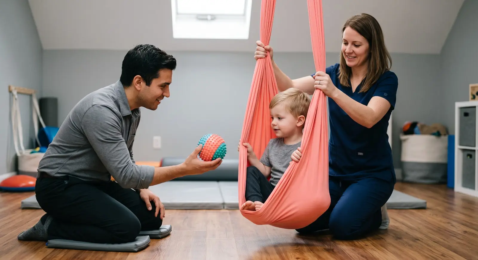 A young child sits calmly in a soft hanging sensory swing while one therapist gently sways it from behind and a second therapist kneels in front offering a textured sensory ball, working together in a shared session.