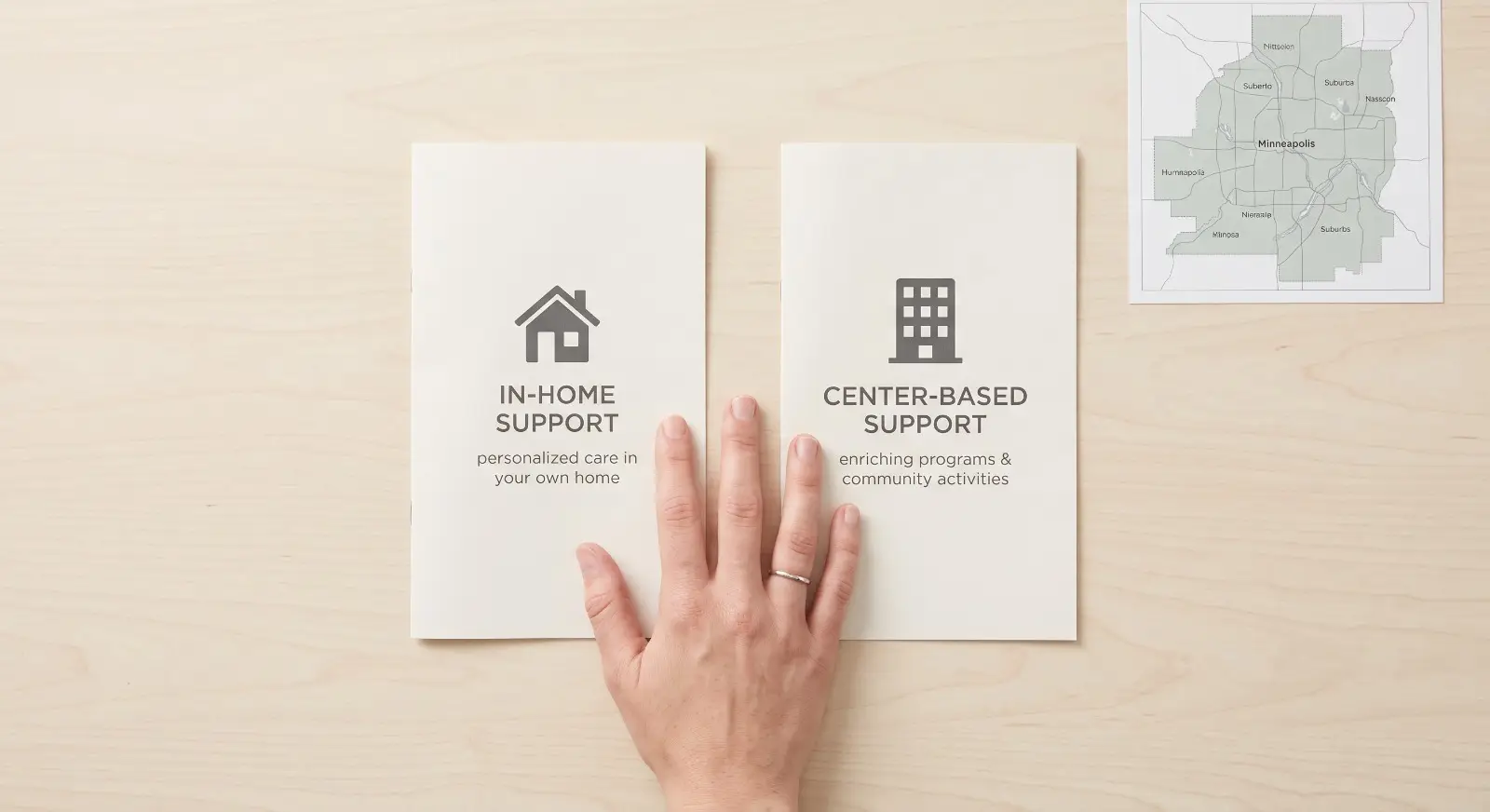 A hand rests between two pamphlets on a desk — one marked with a house icon for in-home support, the other with a building icon for center-based support — beside a small outline map of the Minneapolis area.