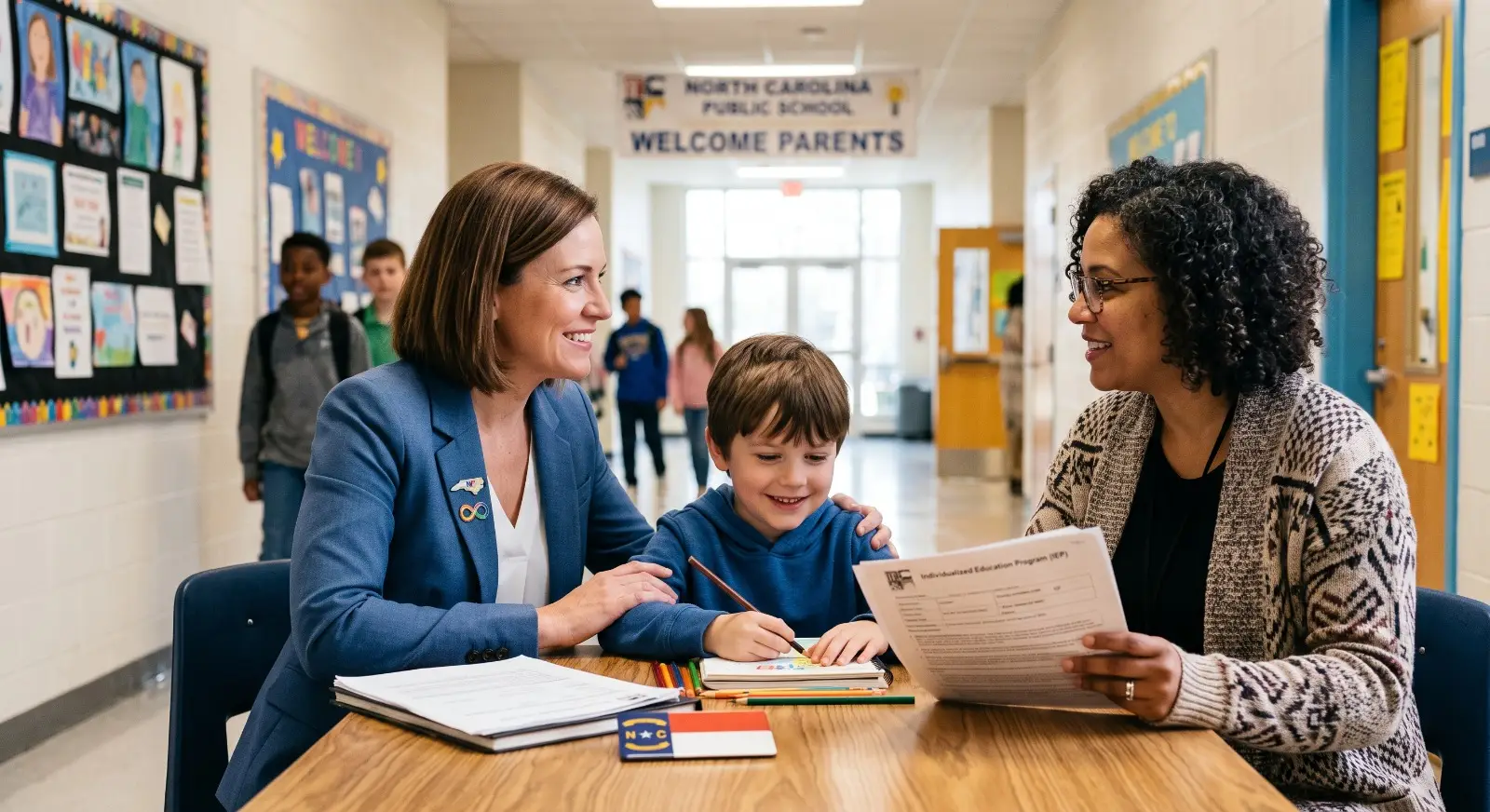 A mother and teacher sitting at a school desk discussing IEP documents while a young boy draws, set in a bright North Carolina public school hallway with a welcome banner in the background.