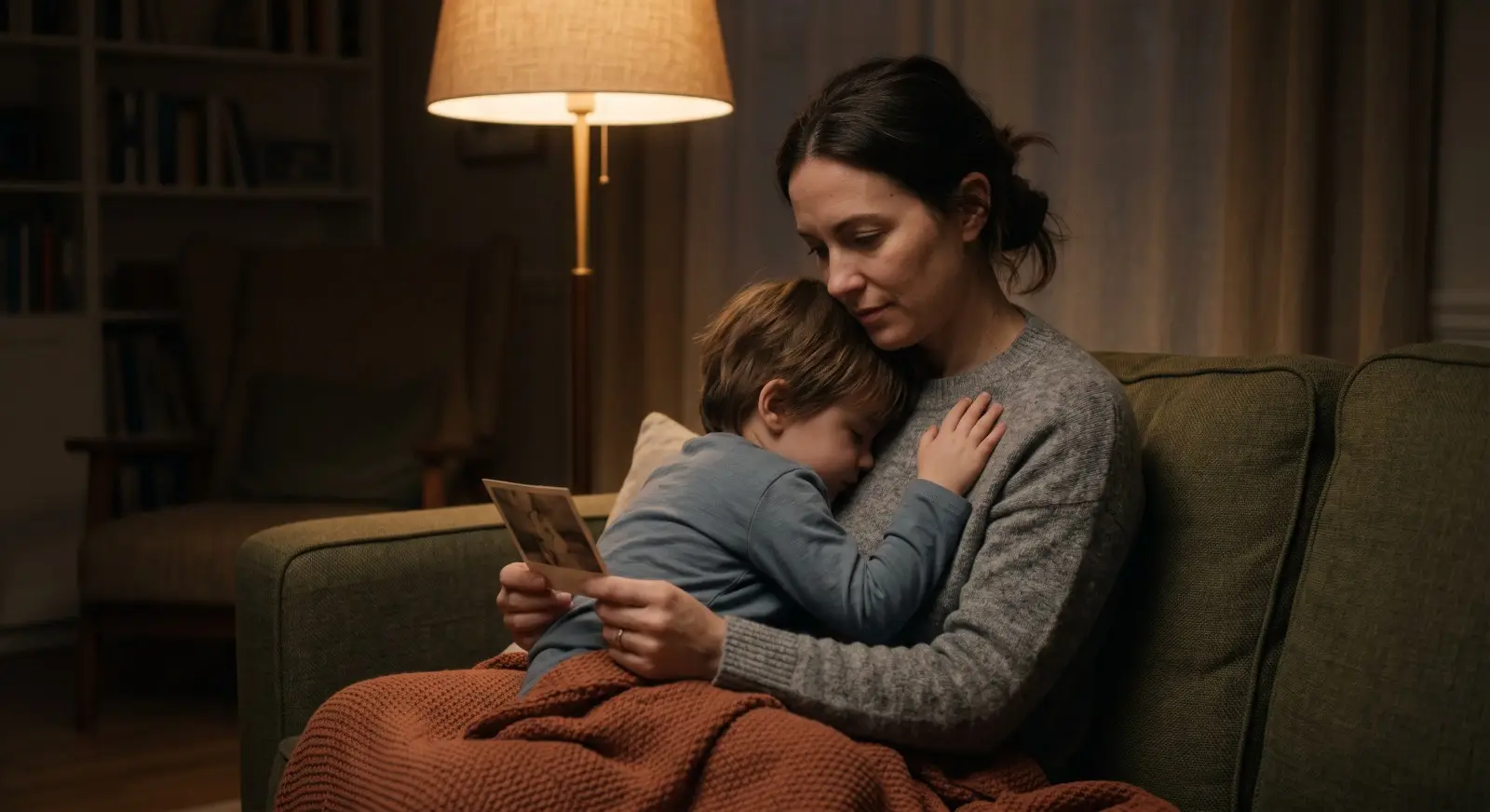 A parent holds a child close on a couch, the child's face gently turned into the parent's shoulder, while the parent quietly looks down at a small family photograph held in one hand, lit by warm evening lamp light.