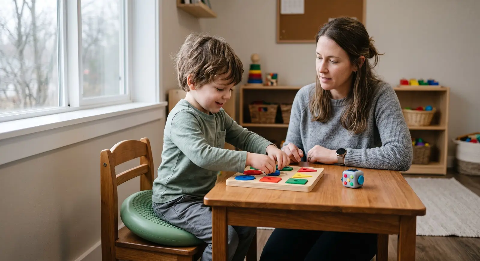 A young child sits on a wobble cushion at a small table, gently rocking while sorting colorful shapes into a tray, as a therapist sits beside them calmly guiding the task without commenting on the movement.
