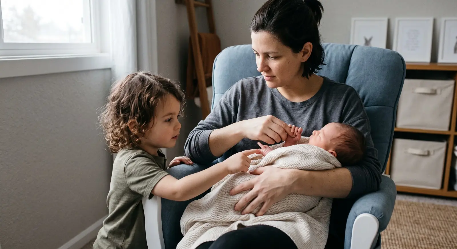 A parent sits in a nursery chair holding a newborn while gently guiding an older child's hand to touch the baby's fingers, both children calm and curious in a quiet, supported moment.