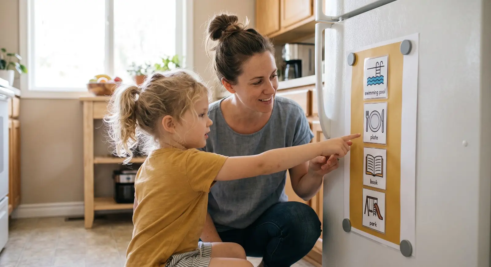 A parent kneels beside a young child at the kitchen fridge, both looking at a printed visual schedule with simple picture icons for pool time, lunch, and quiet time, as the child points to the next icon on the list.