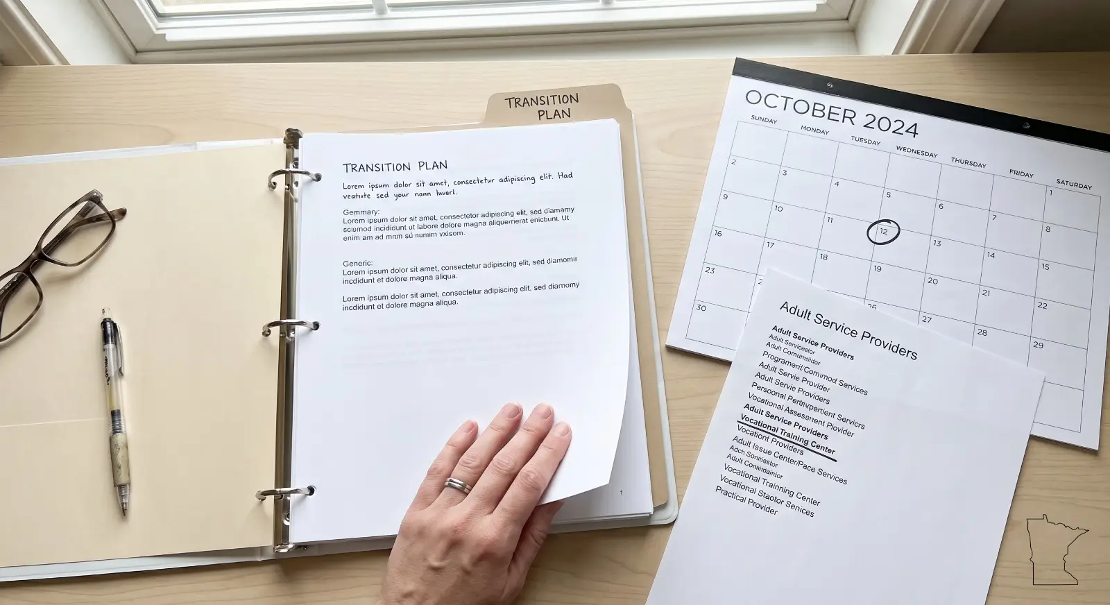 A hand rests beside an open folder labeled "Transition Plan," next to a calendar with an upcoming age-milestone date circled and a printed adult services provider list, with a corner of a Minnesota state outline map visible in the frame.
