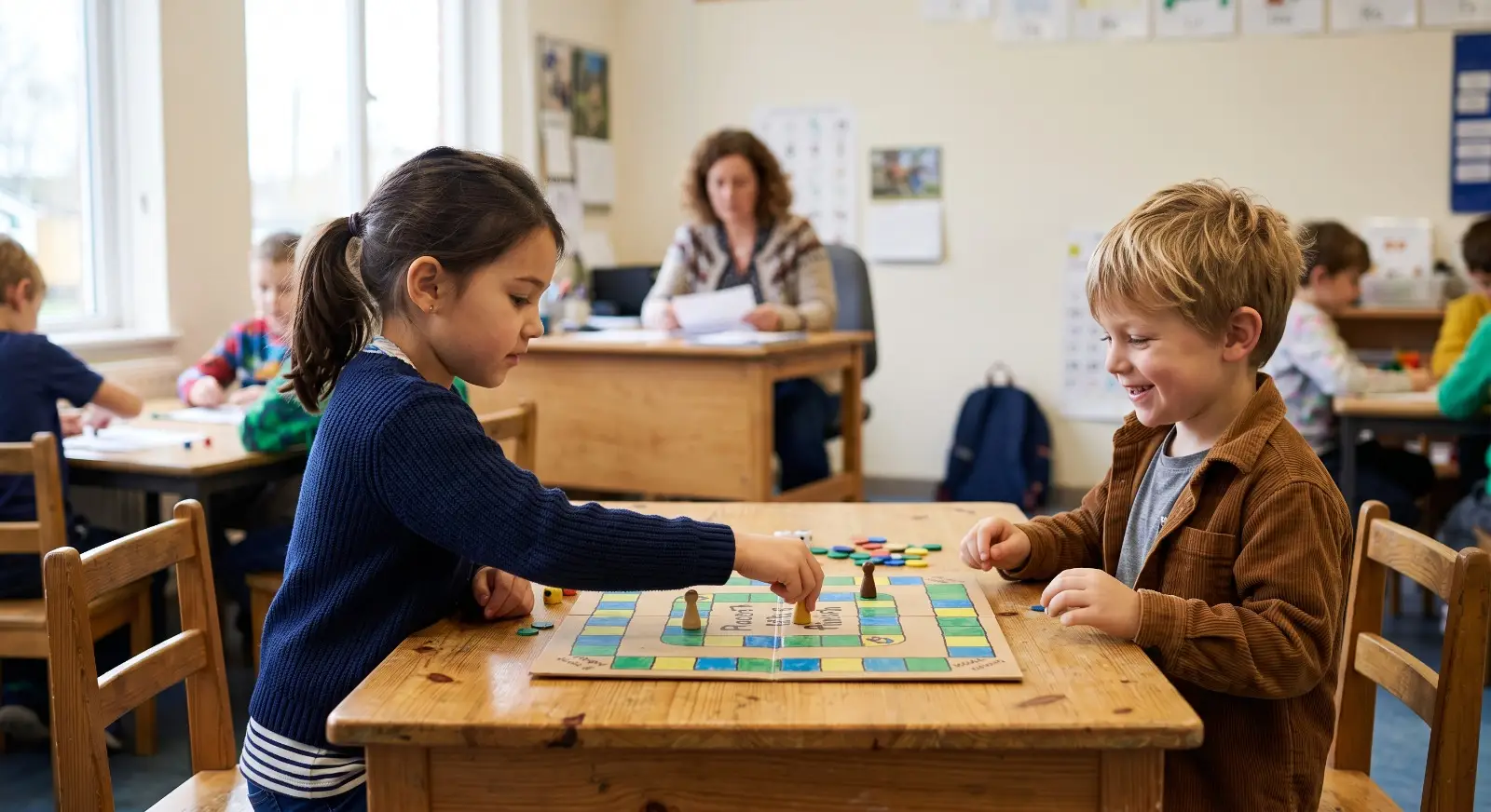Two children sit across from each other at a classroom table playing a simple turn-taking board game, one sliding a piece forward while the other smiles, as a classroom aide sits attentively in the background.