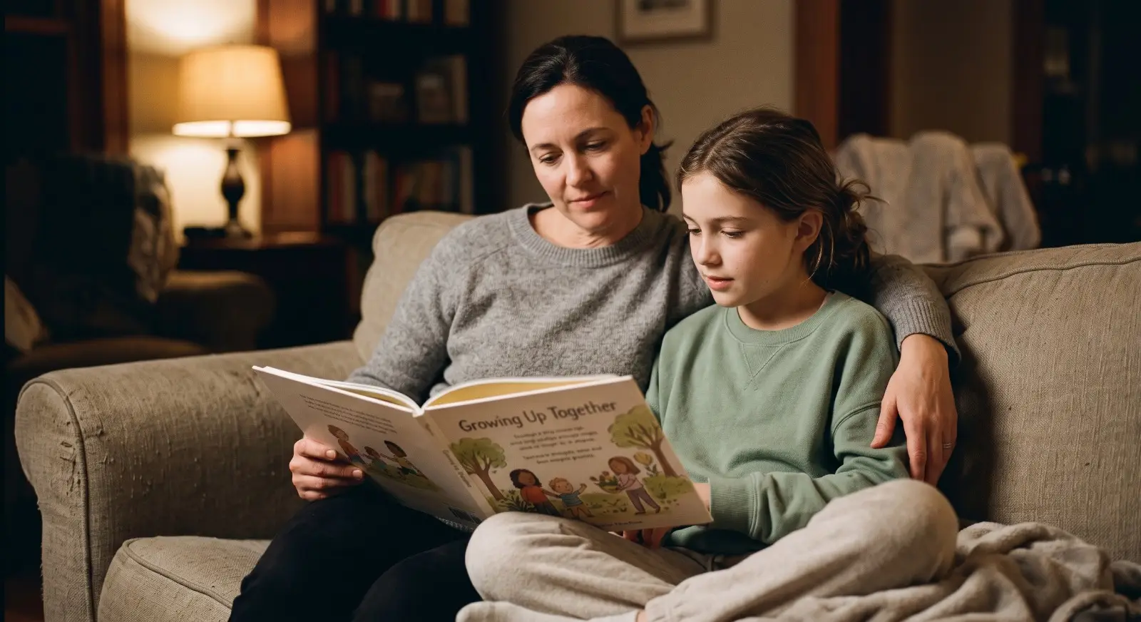 A parent sits beside a pre-teen on a couch, both looking down together at an open book with simple illustrations about growing up, having a relaxed, open conversation.