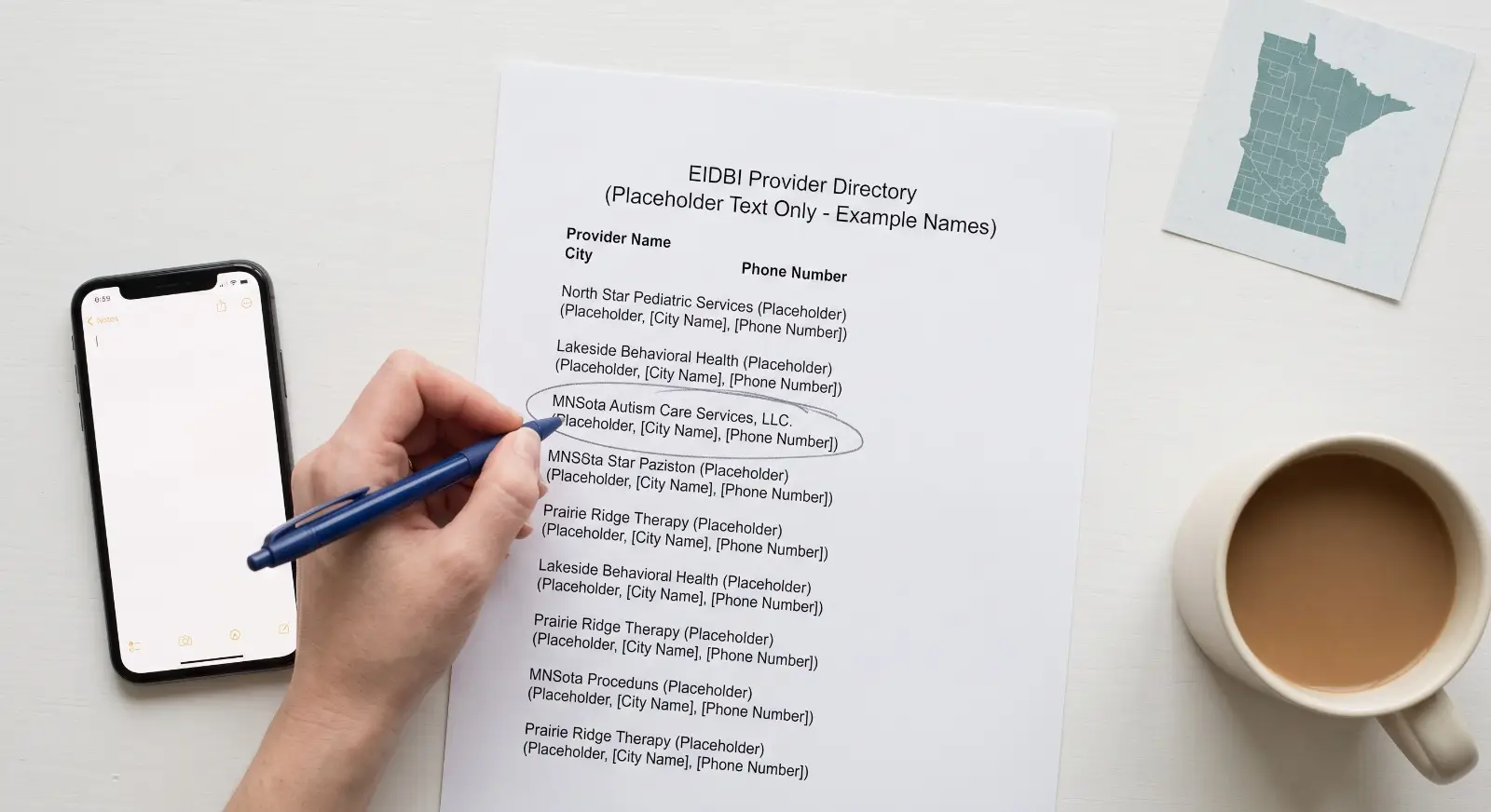 A hand circles a provider's name with a pen on a printed EIDBI provider directory list, next to a phone showing a blank notes screen and a coffee mug, with a corner of a Minnesota state outline map visible in the frame.
