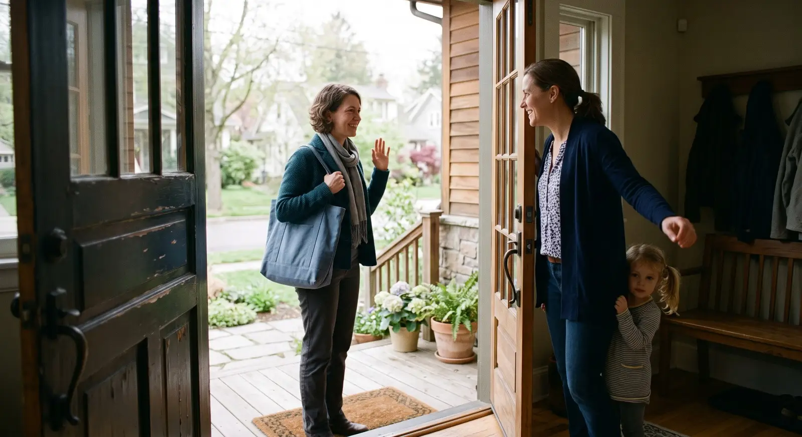 A parent opens the front door to greet a therapist carrying a canvas bag, while a child peeks curiously from behind the parent's leg on a small-town morning.