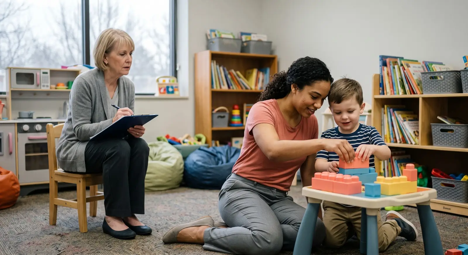 An RBT sits close beside a child, hands-on in a shared activity, while a BCBA observes from a short distance away on a low chair with a clipboard, capturing the distinct roles on the therapy team.