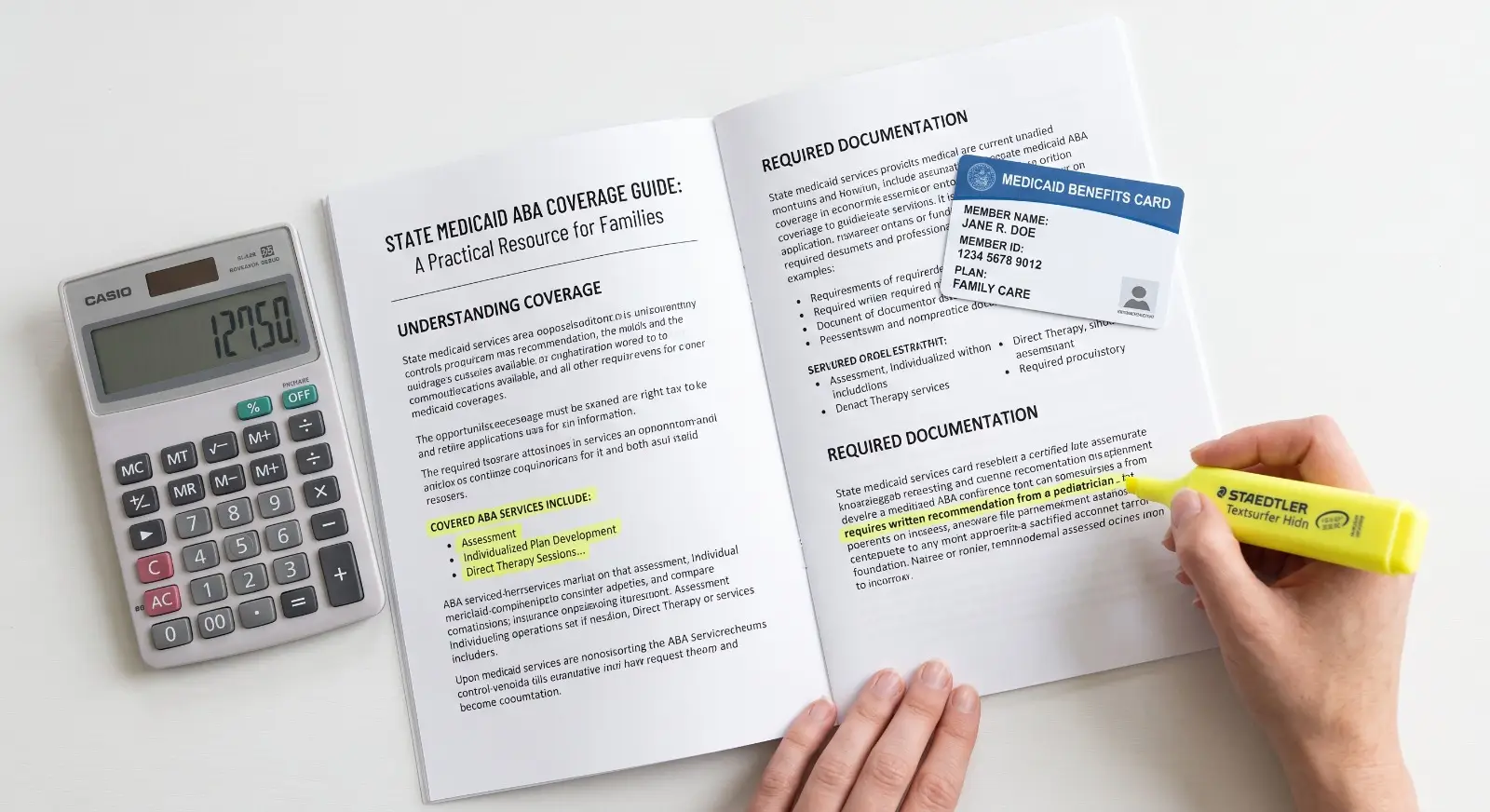A highlighter marks a few lines in an open state Medicaid ABA coverage guide booklet, resting beside a benefits card and a calculator, in a clean flat-lay composition.
