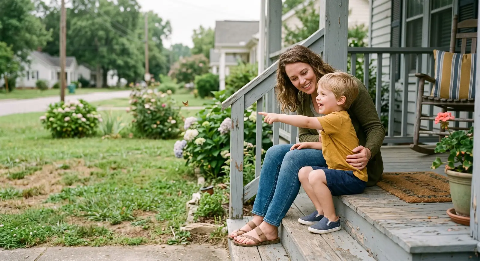 A parent and child sit together on front porch steps, the child pointing excitedly at something in the yard while the parent leans in to look, both relaxed in the afternoon light.