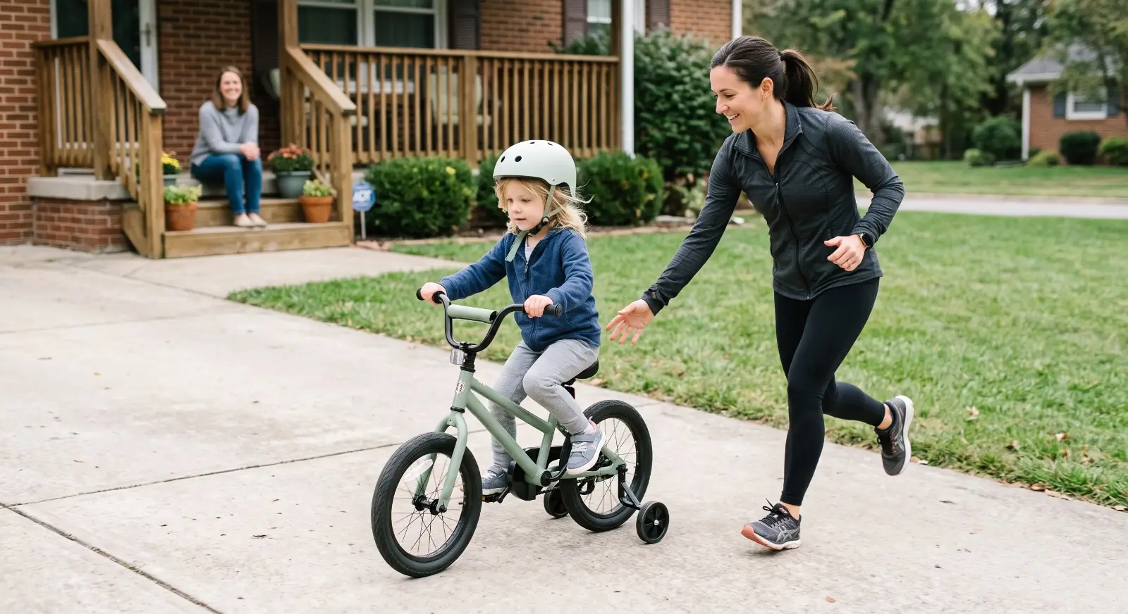 A young child rides a bike with training wheels down a suburban driveway while a therapist jogs alongside offering encouragement, as a parent watches and smiles from the porch steps behind them.
