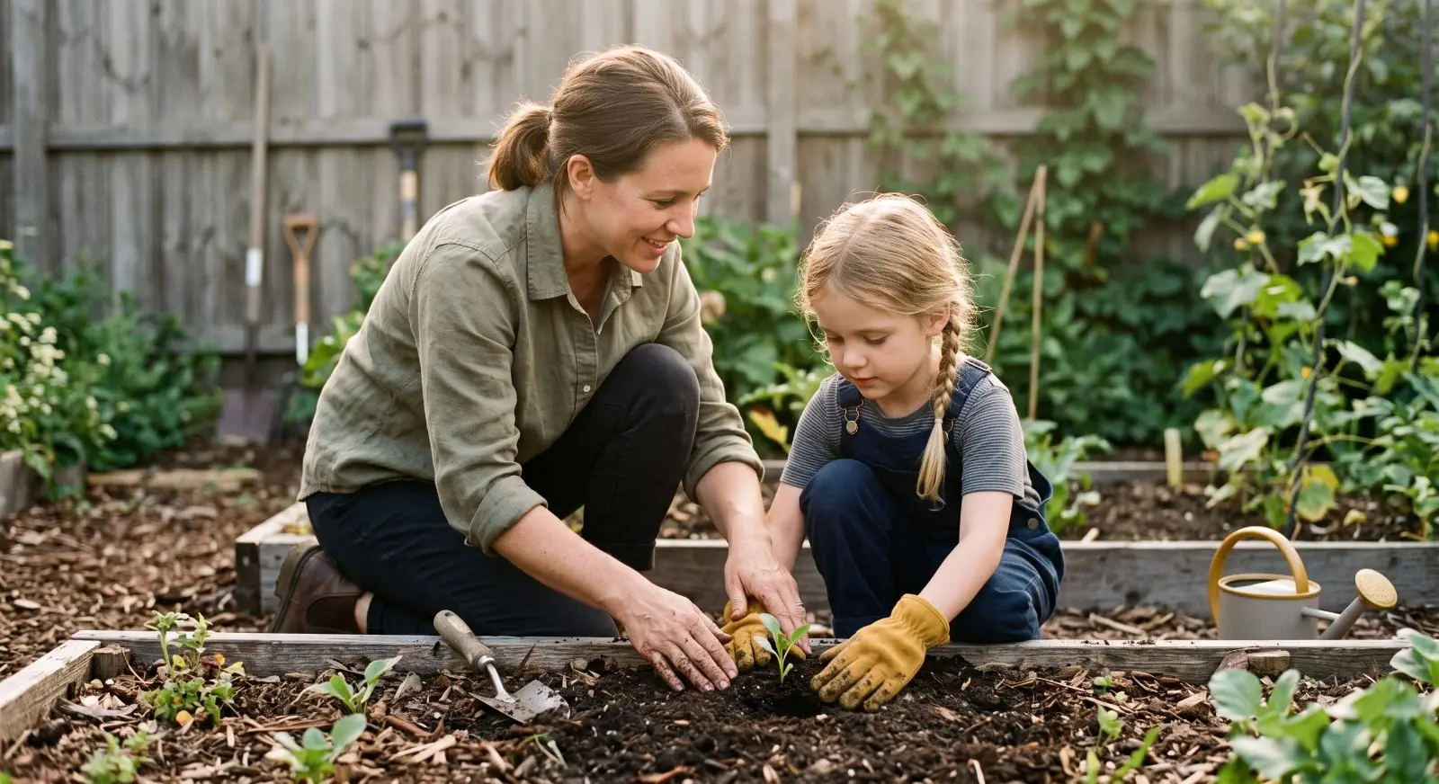 A therapist kneels beside a child at a small backyard garden bed, both patting soil around a newly planted seedling, guiding the task gently step by step in warm late-afternoon light.