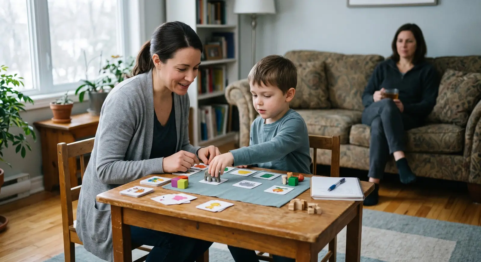 A therapist and child sit across from each other at a small living room table, focused on a matching task spread between them, while a parent sits nearby on the couch softly blurred in the background.