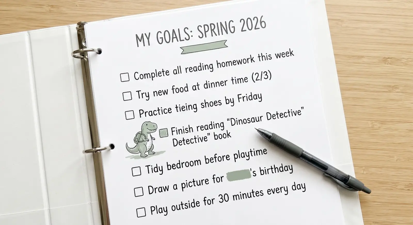 An open binder page shows a simple individualized goals list personalized with a small drawn icon reflecting the child's favorite interest beside one goal, a pen resting on the page.
