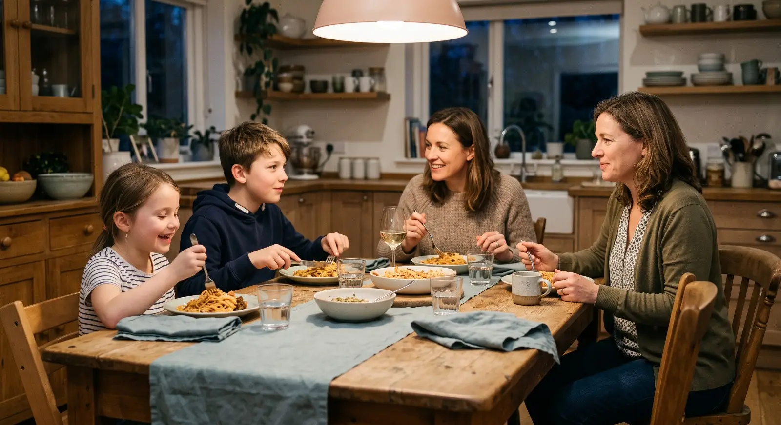 A family sits together at a dinner table, a child, sibling, and parent mid-meal, with a therapist seated naturally at the corner of the table, blended into the relaxed family moment.
