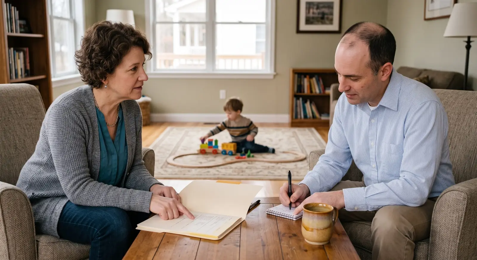 A therapist sits at a kitchen table with a parent, pointing to a section of an open intake folder while explaining, as the parent takes a note and a child explores a new toy softly blurred in the background.