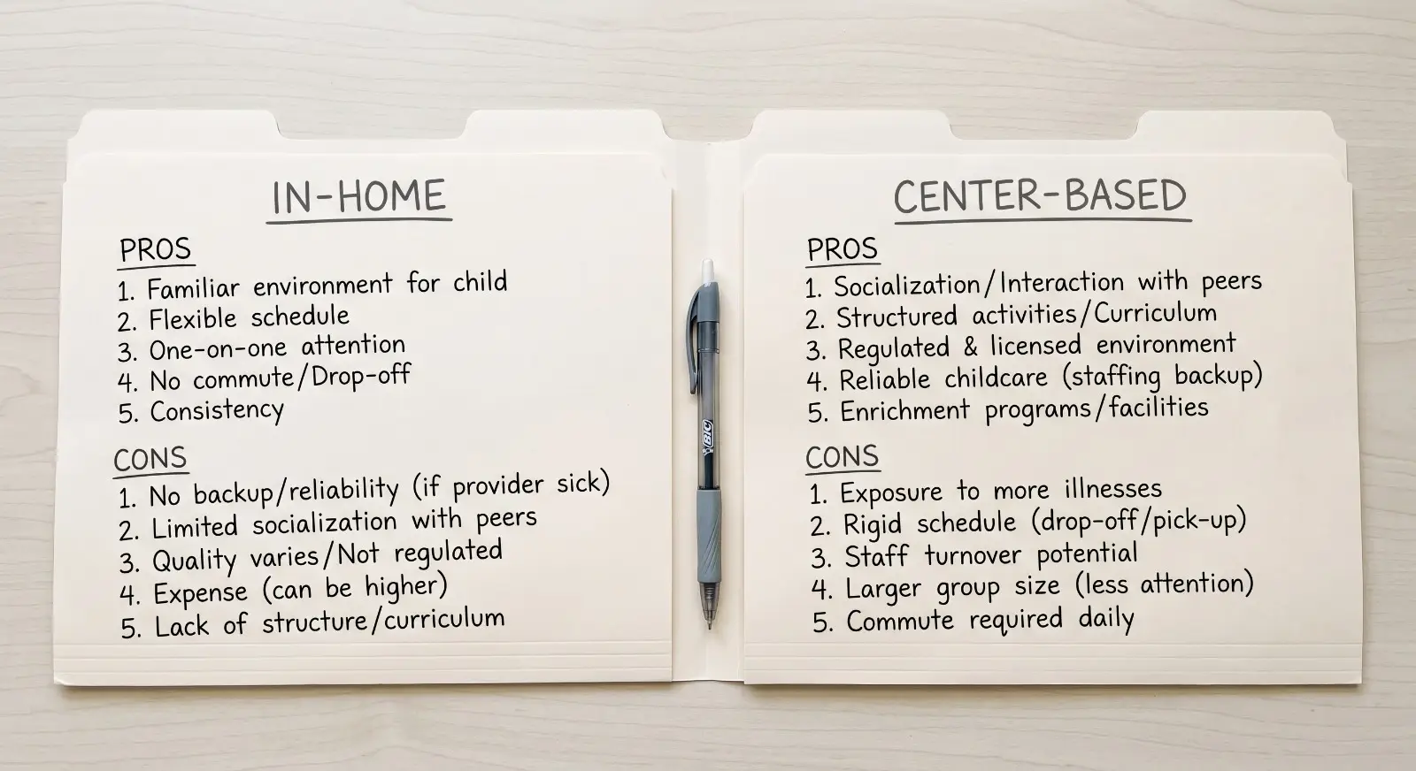 Two open folders rest side by side on a desk, one labeled "In-Home" and the other "Center-Based," each with a short handwritten list of pros and cons and a pen resting between them.