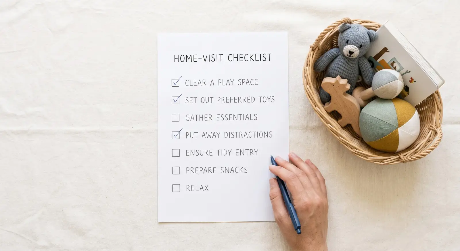 A printed home-visit checklist with a few boxes checked rests beside a small basket of neatly gathered toys, a hand holding a pen at the edge of the page.