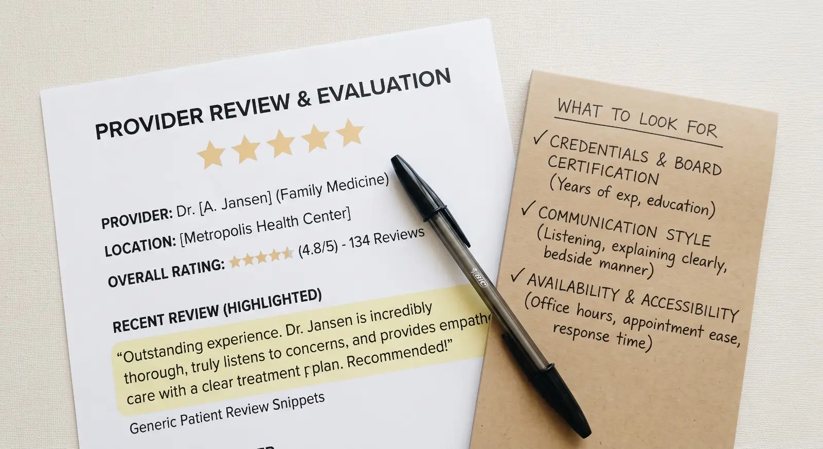 A printed page of provider reviews with a five-star rating highlighted rests beside a handwritten "what to look for" checklist covering credentials, communication style, and availability.
